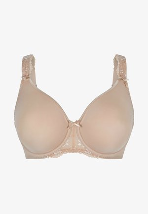 Bežová podprsenka s výplňou, ozdobená čipkou na ramienkach a malou mašličkou na strede. Hladký povrch a tvarované košíčky pre štruktúrované nosenie.