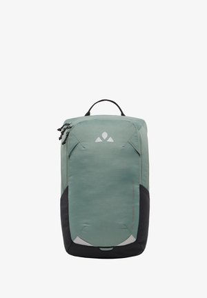 Green fabric backpack with a structured design, featuring a black bottom, front logo, zipper pulls, and a top carry handle.
