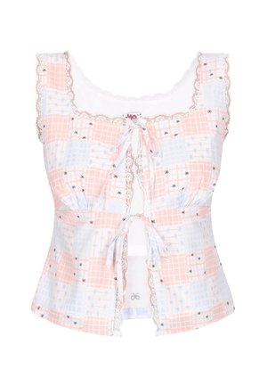 Top roz și lavandă în carouri fără mâneci, cu detalii mici de fundiță, margină din dantelă și două închideri la partea din față cu cordon.