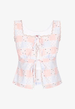 Top roz și lavandă în carouri fără mâneci, cu detalii mici de fundiță, margină din dantelă și două închideri la partea din față cu cordon.