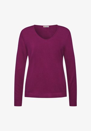 Fioletowy sweter z długim rękawem i dekoltem w kształcie litery V, wykonany z miękkiego materiału dzianinowego, z prążkowanymi mankietami i dołem oraz subtelnymi detalami przeszycia po bokach.