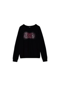 Schwarzer Pullover mit langen Ärmeln und rundem Ausschnitt. Verfügt über ein strukturiertes "LIU JO"-Logo in rosa und weißem Punktemuster in der Mitte.