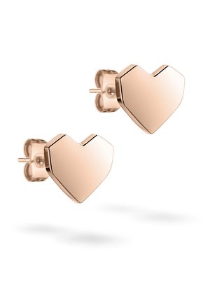 Heart-shaped stud earrings in polished rose gold metal. Smooth surface with a geometric design, featuring secure push-back closures.