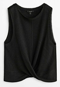 Top sans manches noir en tissu côtelé, avec un design à l'avant twisté et un col rond. Coupe simple et décontractée.