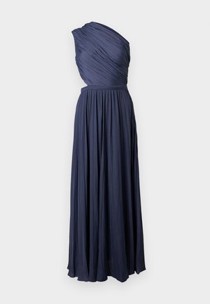 Robe bleu marine longueur sol avec un corsage plissé à une épaule et une jupe fluide plissée.