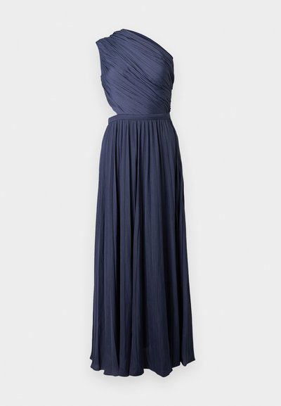 Robe bleu marine longueur sol avec un corsage plissé à une épaule et une jupe fluide plissée.