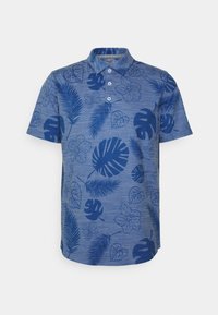 Lyhythihainen poolopaita sinisestä kankaasta, jossa on teksturoitu pinta. Varustettu tummansinisellä lehden ja kukan kuviolla. Kolme nappia edessä.