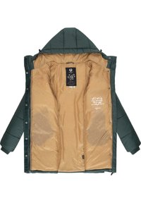 Dark green puffer jacket with a hood, featuring a tan lining, interior branding label, and decorative stitching on the lining.