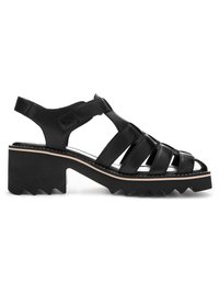 Black leather open-toe sandal with chunky heel, adjustable ankle strap, and thick ridged sole for added traction and style.