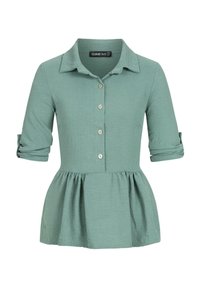 Blusa verde con bottoni, colletto, maniche a tre quarti arrotolate e fondo peplum. Realizzata in un tessuto testurizzato con una vestibilità comoda.