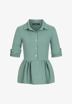 Zielona bluzka zapinana na guziki z kołnierzykiem, trzymać ćwierć rękawami i peplum na dole. Wykonana z teksturowanej tkaniny o luźnym kroju.