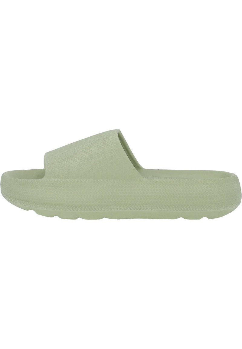 Light green slide sandal with a textured upper and flat sole, featuring a wide strap and a molded, cushioned construction.