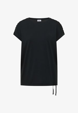 Schwarzes, kurzärmeliges Loose-Fit-Oberteil mit rundem Ausschnitt, gerafften Details an den Ärmeln und verstellbarem Kordelzug an der rechten Saumseite.