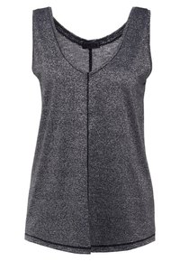 Top senza maniche in un tessuto metallico grigio scuro, con scollatura a V, taglio dritto e una sottile texture brillante con una cucitura centrale.