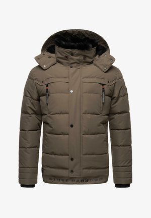 Olivovo zelená prešívaná bunda s odnímateľnou kapucňou, zipsovými vreckami a čiernym kožúškom vo vnútri, s prešitými panelmi a detailom loga na leme.