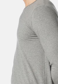 Szary t-shirt z długim rękawem, wykonany z miękkiego materiału. Posiada okrągły dekolt i dopasowane rękawy, z gładką, równą fakturą na całej powierzchni.