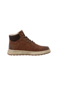 Bruine leren mid-top laarzen met fleece voering en een bruine textiele kraag, uitgerust met metalen oogjes en een getextureerde rubberen zool.