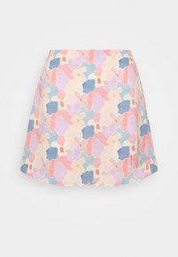Floral-patterned mini skirt with pastel colors including pink, blue, and cream; made of lightweight fabric with a smooth texture and flared shape.