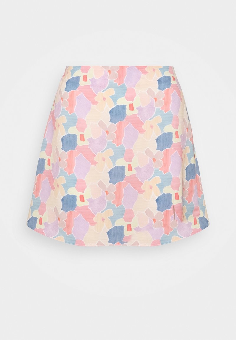 Floral-patterned mini skirt with pastel colors including pink, blue, and cream; made of lightweight fabric with a smooth texture and flared shape.