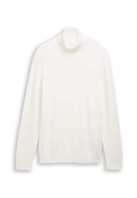 Weißer Rollkragenpullover aus weichem Strickstoff. Mit langen Ärmeln, geripptem Kragen, Bündchen und Saum. Einfache, glatte Textur ohne Muster.