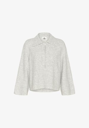 Jasnoszary, krótki sweter z miękkiej, teksturowanej tkaniny posiada szeroki kołnierz, długie rękawy oraz zamek błyskawiczny z przodu.