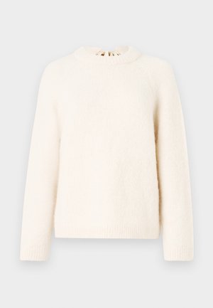 Cream-colored, long-sleeve knitted sweater with a ribbed crew neckline and a subtle gathered detail at the collar.