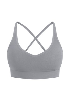Szary stanik sportowy z dekoltem w kształcie litery V, krzyżującymi się ramiączkami na plecach i dopasowanym pasem. Wykonany z gładkiego, elastycznego materiału bez widocznych dodatków.