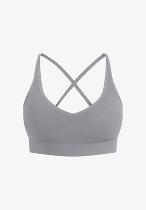 Grauer Sport-BH mit V-Ausschnitt, überkreuzten Trägern und einem engen Bund. Hergestellt aus einem glatten, dehnbaren Stoff ohne sichtbare Beschläge.