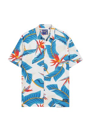 Korte mouw button-up shirt in het wit, met grote blauwe bladeren en rode bloemen, in een ontspannen pasvorm en subtiele textuur.