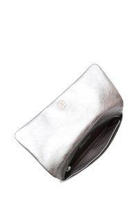 Silver metallic clutch bag with a smooth texture, rounded edges, and a snap closure feature. Interior is lined in dark fabric.