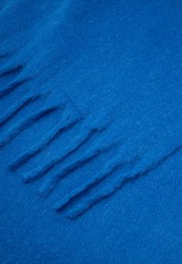 Blå filt tæppe med frynser, der fremviser en blød, tekstureret overflade. Lys farve med ensartet tykkelse i hele materialet.