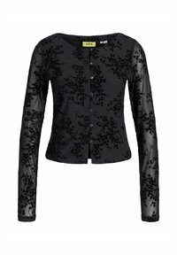 Melna garā piedurkne kardigāns ar teksturētu ziedu rakstu. Iezīmēts ar apaļu kakla izgriezumu, pogu priekšpusi un caurspīdīgām piedurknēm ar izšuvumiem.