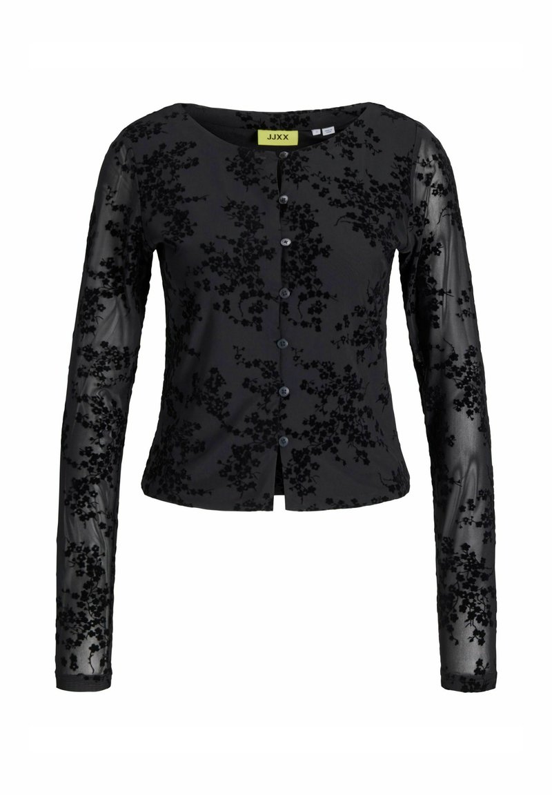 Melna garā piedurkne kardigāns ar teksturētu ziedu rakstu. Iezīmēts ar apaļu kakla izgriezumu, pogu priekšpusi un caurspīdīgām piedurknēm ar izšuvumiem.