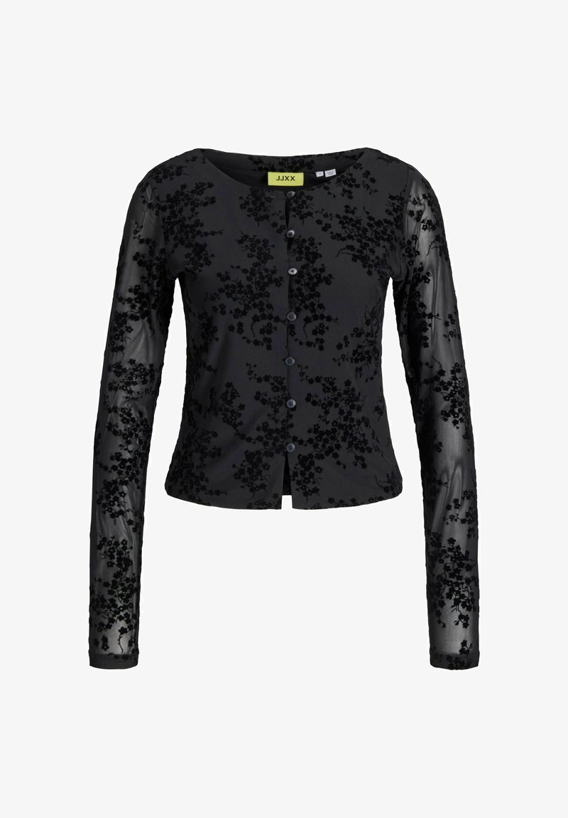 Melna garā piedurkne kardigāns ar teksturētu ziedu rakstu. Iezīmēts ar apaļu kakla izgriezumu, pogu priekšpusi un caurspīdīgām piedurknēm ar izšuvumiem.