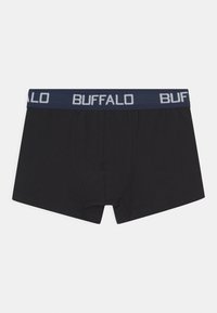 Črne bokserice iz bombaža z mornarsko modrim elastičnim pasom. Pas ima ponovljen napis "BUFFALO" v beli barvi.