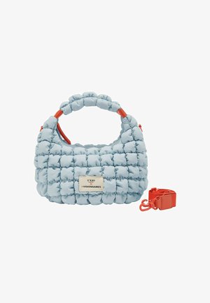 Bolso acolchado azul claro con asa acolchada, detalles en naranja en la cremallera, correa de hombro naranja desmontable y etiqueta "UNIO LES VISIONNAIRES".