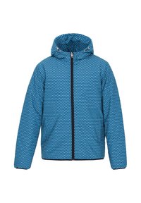 Jachetă albastră cu modele, dotată cu glugă, având închidere cu fermoar frontal și două buzunare laterale. Designul include forme mici, contrastante de culoare albastru deschis.