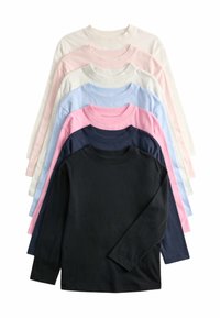 Bawełniane koszulki z długim rękawem ułożone w stosie. Kolory to: czarny, granatowy, niebieski, różowy, jasnoróżowy, szary i biały. Prosty design z okrągłym dekoltem.