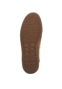 Suola in gomma marrone con scanalature testurizzate, caratterizzata da un motivo circolare vicino al tallone. Il design offre aderenza e durata.