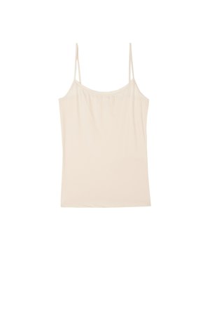 Beige linne med tunna justerbara band, lättviktig tyg, mjuk textur och avslappnad passform, med en draperad halsringning.