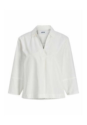 Blusa bianca a maniche lunghe con collo, scollo a V e vestibilità ampia, con etichetta JJXX all'interno del colletto.