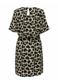 Leopardenmuster-Kleid in Beige- und Schwarztönen, mit kurzen Ärmeln, tailliertem Bund und einem Schlüsselloch-Ausschnitt am Rücken.