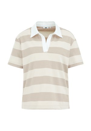 Polo a maniche corte beige con righe orizzontali color crema, dotato di colletto bianco e scollatura a V, realizzato in morbido cotone.