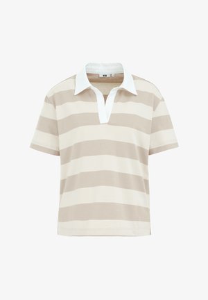 Polo a maniche corte beige con righe orizzontali color crema, dotato di colletto bianco e scollatura a V, realizzato in morbido cotone.