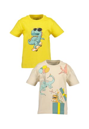 Sada dvou dětských triček: jedno žluté s grafikou dinosaura, druhé béžové s barevnými ilustracemi dinosaurů a balónky.