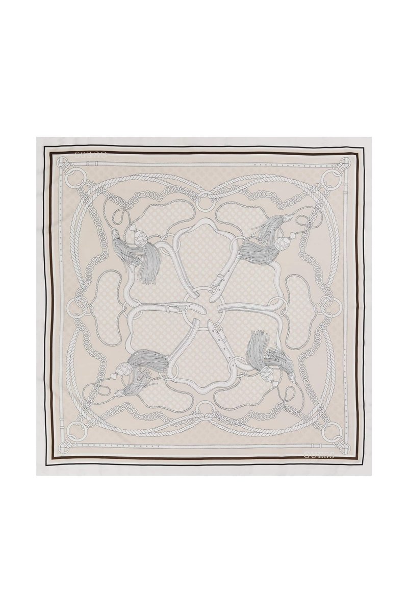 Zijden sjaal met een beige achtergrond en complexe zwarte lijntekeningen van franjes en touwen, omrand door een donkere rand.