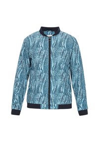 Giacca bomber blu con un motivo a onde testurizzato, dotata di chiusura con zip, colletto e polsini neri, realizzata in un materiale leggero.