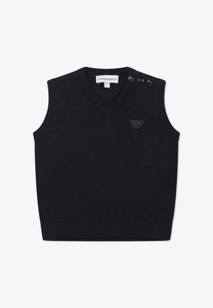 Gilet senza maniche nero in maglina con scollo a V, bordo e orlo a costine, caratterizzato da tre bottoni neri sulla spalla sinistra e logo in rilievo.