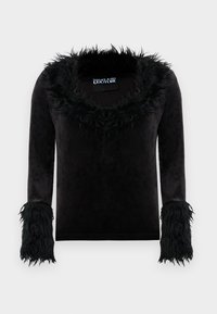 Svart langermet fløyelsgenser med fluffy kant på halslinningen og mansjettene, merket Versace Jeans Couture.