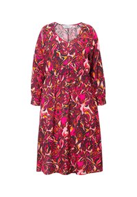 Blumenmusterkleid in den Farbtönen Pink, Rot und Orange. V-Ausschnitt, lange Ärmel und elastischer Bund für eine lässige Passform.